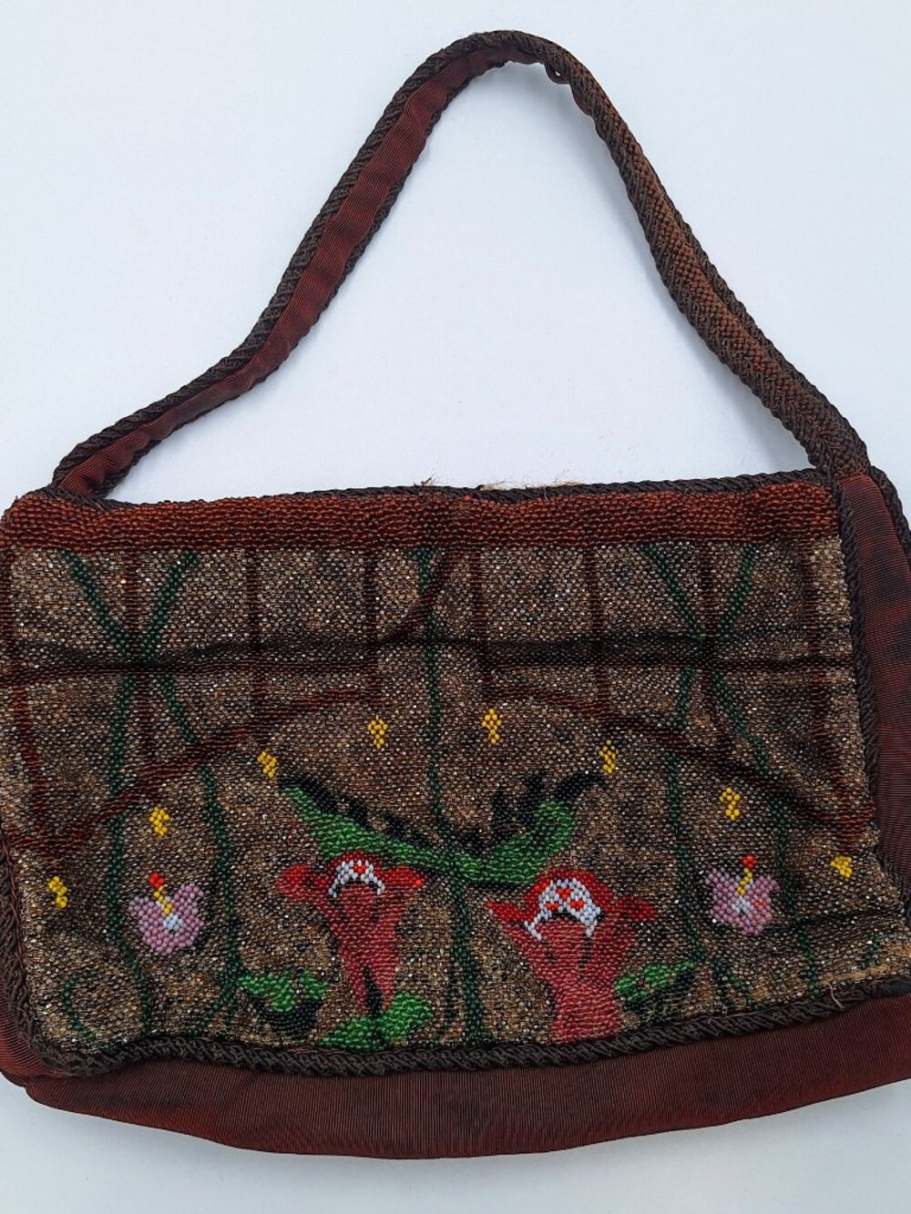 Antique French Unique Micro Beaded Floral Hand Bag -  As Is